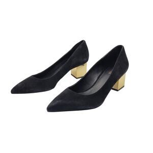 Michael Michael Kors NIB Suede Petra Pumps Black Gold Block Heel Slip On Size 7M